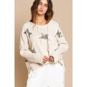POL Star Hoodie V-Neck Knit Sweater‎ Distressed Cream M